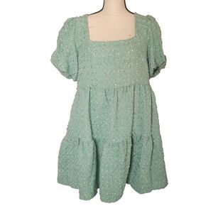 Dance & Marvel Large dress tweed babydoll square neck pleated lining puff sleeve